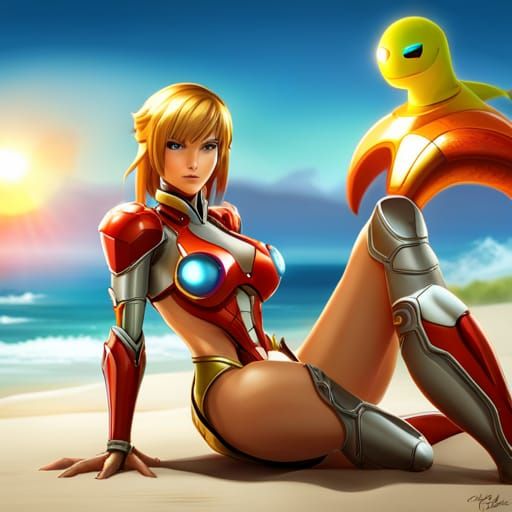 Samus Aran Relaxing on the Beach, Hyper Detailed