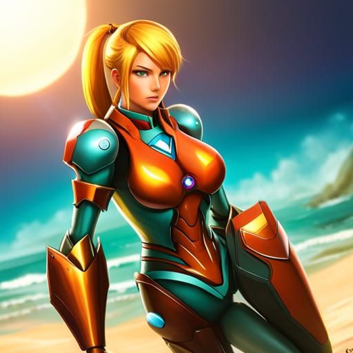 Samus Aran Relaxing on a Sunny Beach