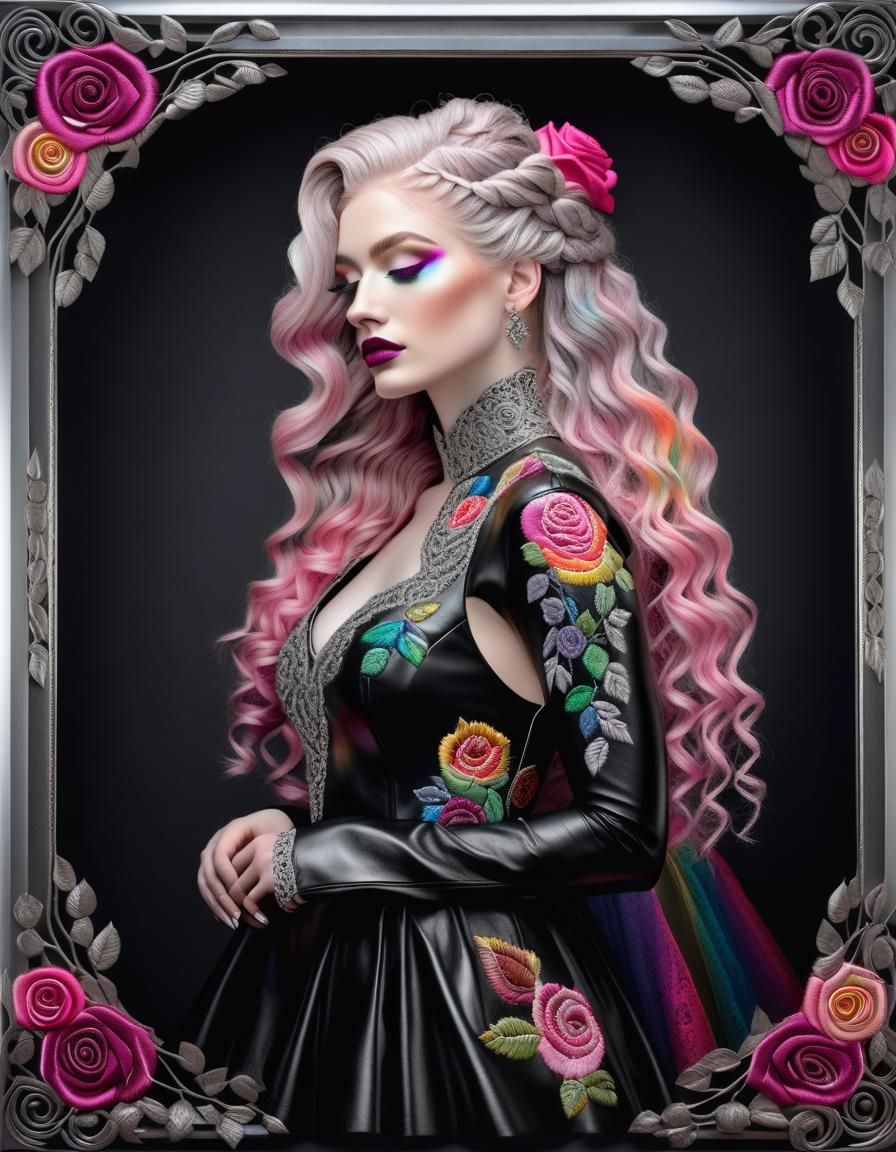 Woman in Rainbow Rose Embroidered Leather Gown
