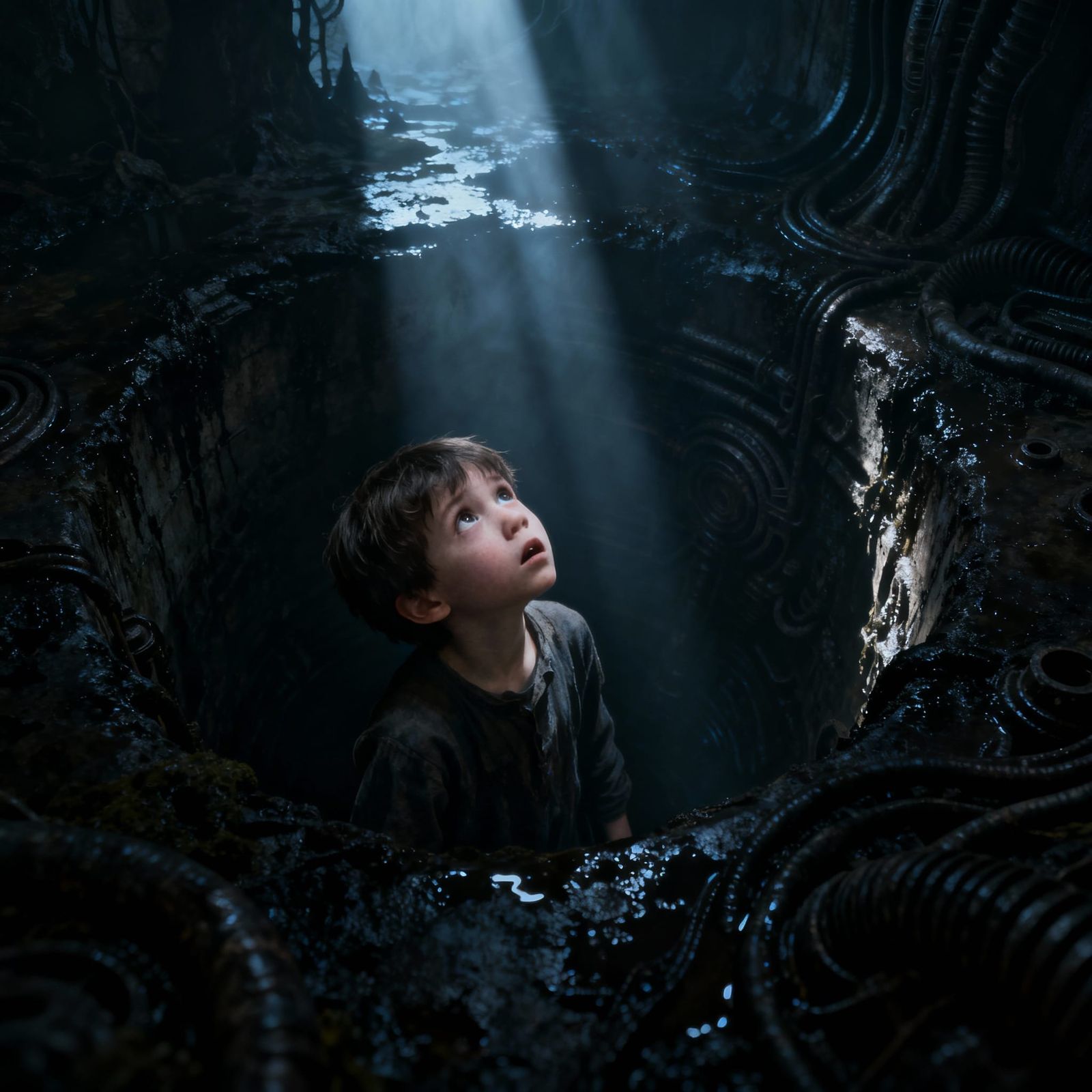 Child in Dark Well Bathed in Ethereal Light