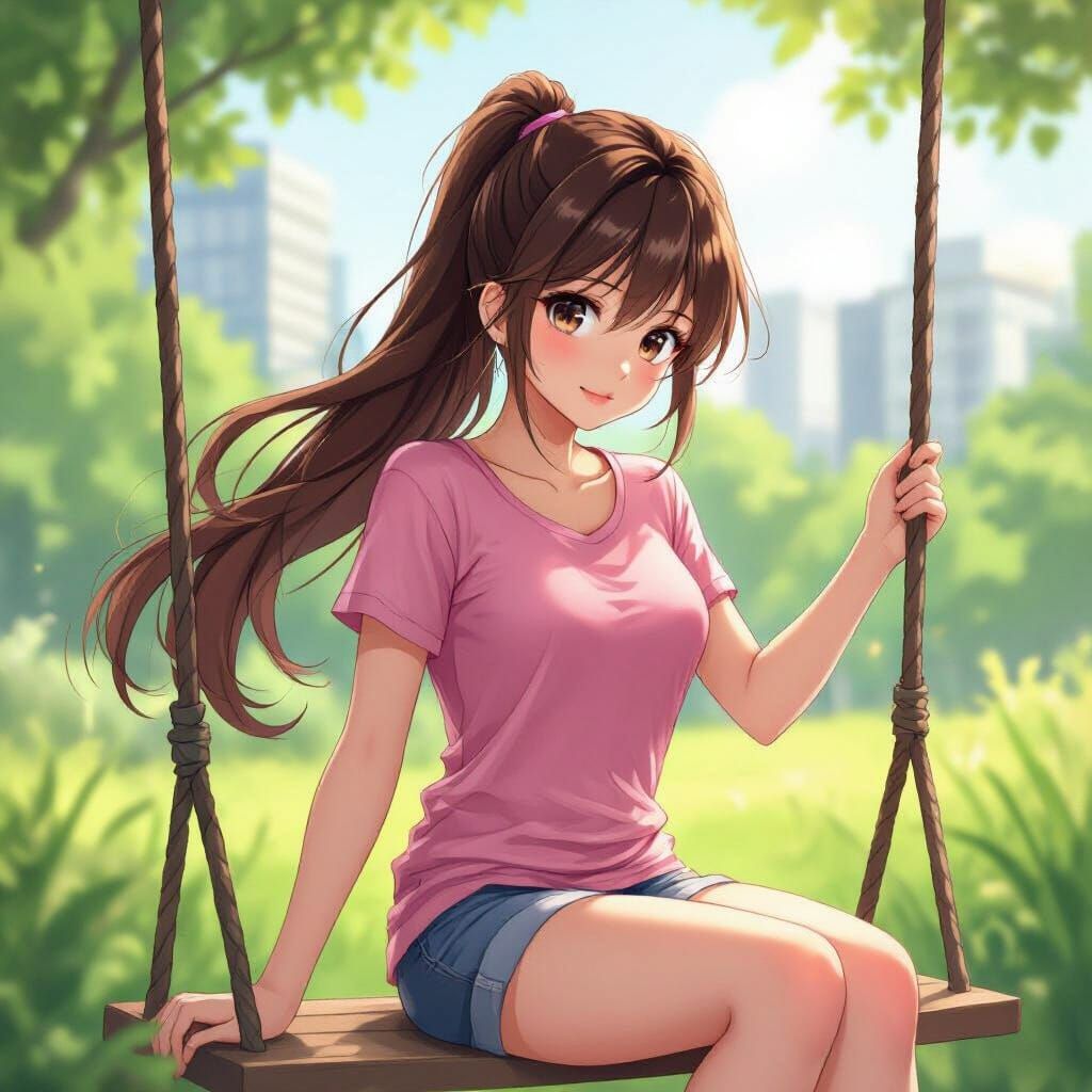 Anime Girl on Swing, Cel-Shaded Digital Art