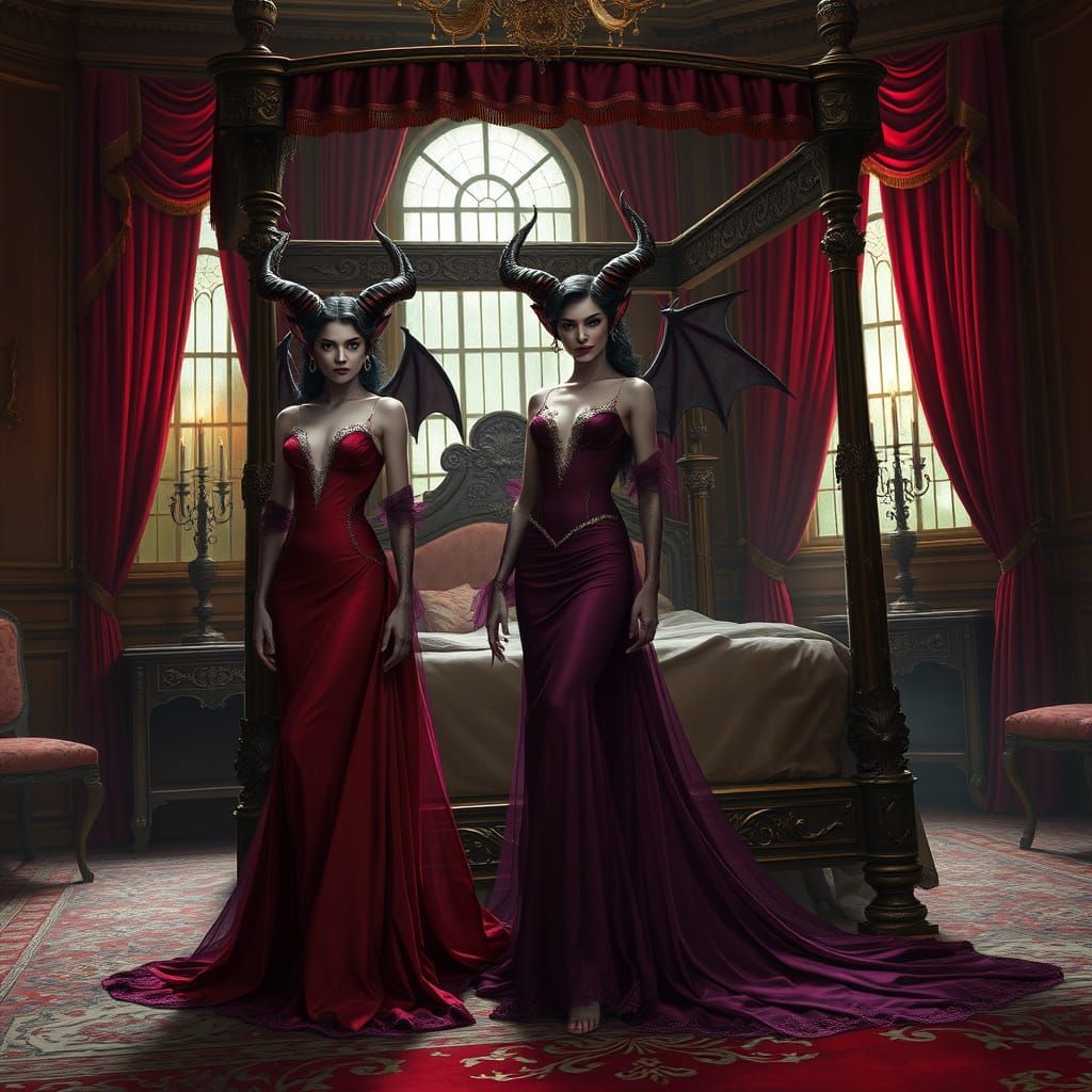 Sensual Female Demons in Opulent Baroque Bedroom