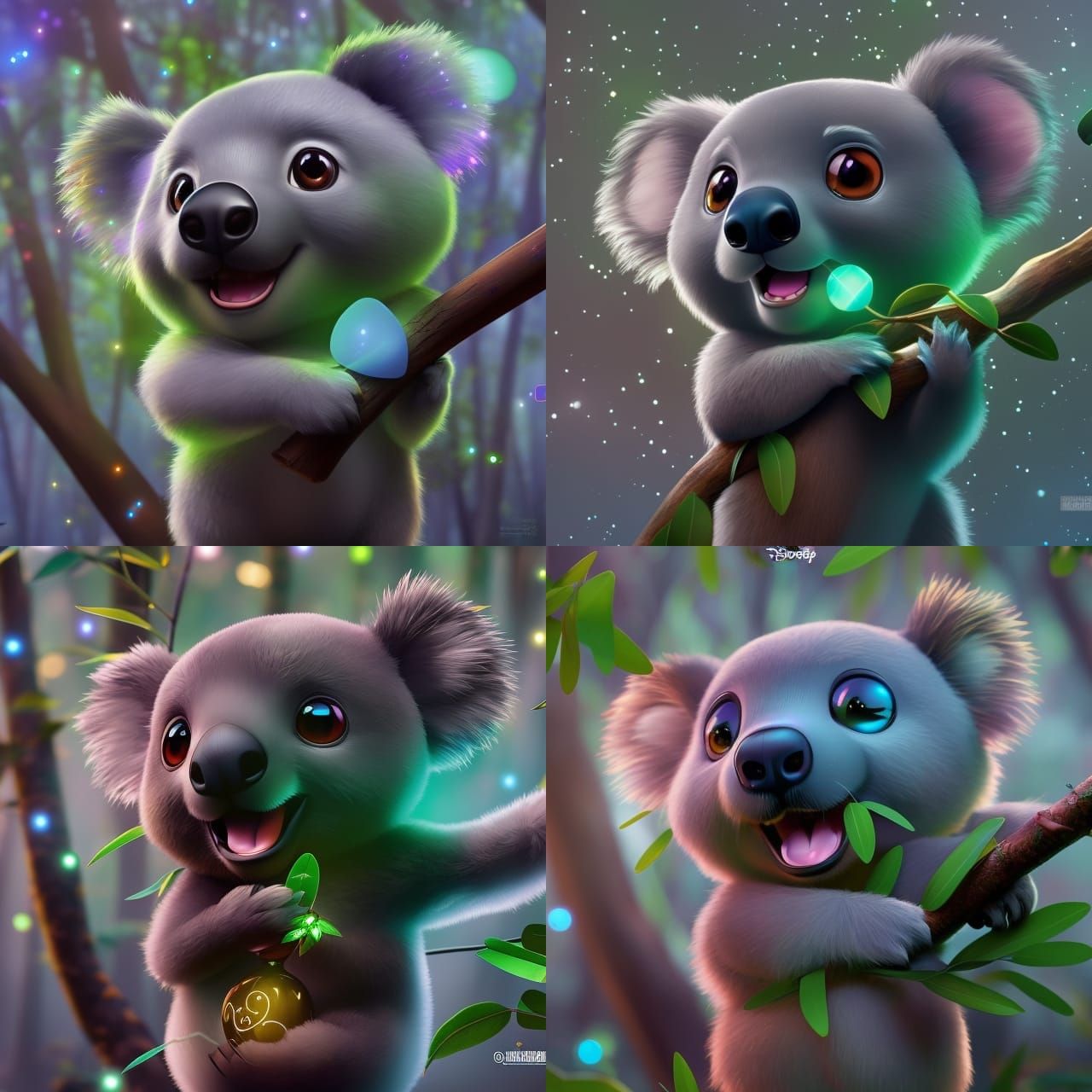 Adorable Koala in Sparkling Eucalyptus Tree: 3D Digital Art