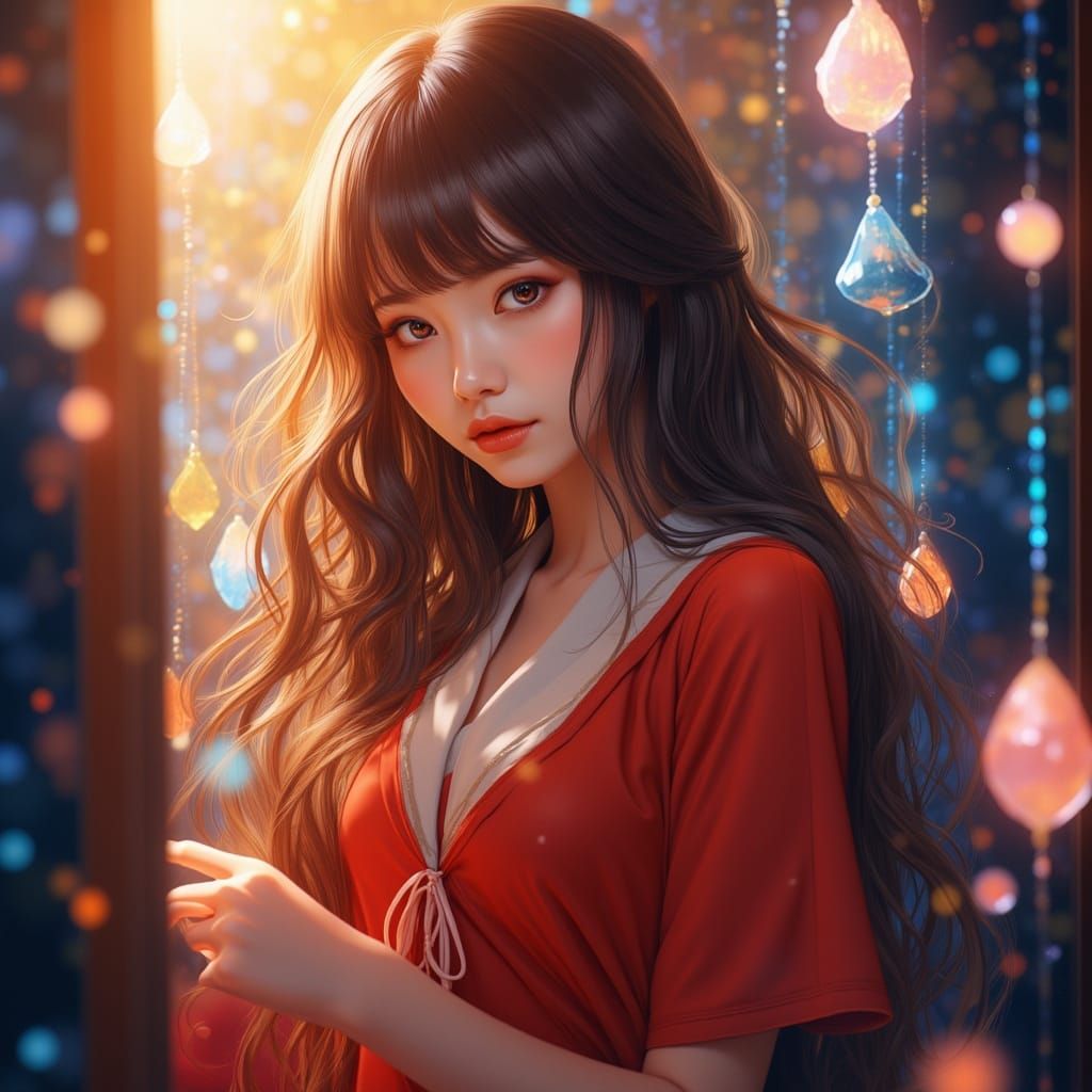 Beautiful Japanese Girl in School Uniform as Digital Paintin...