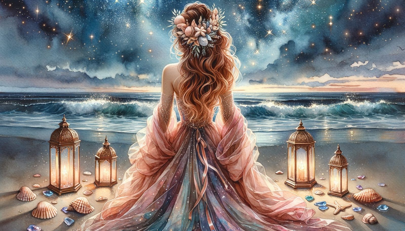 Woman with Seashell Crown Under Starry Sky, in Watercolor