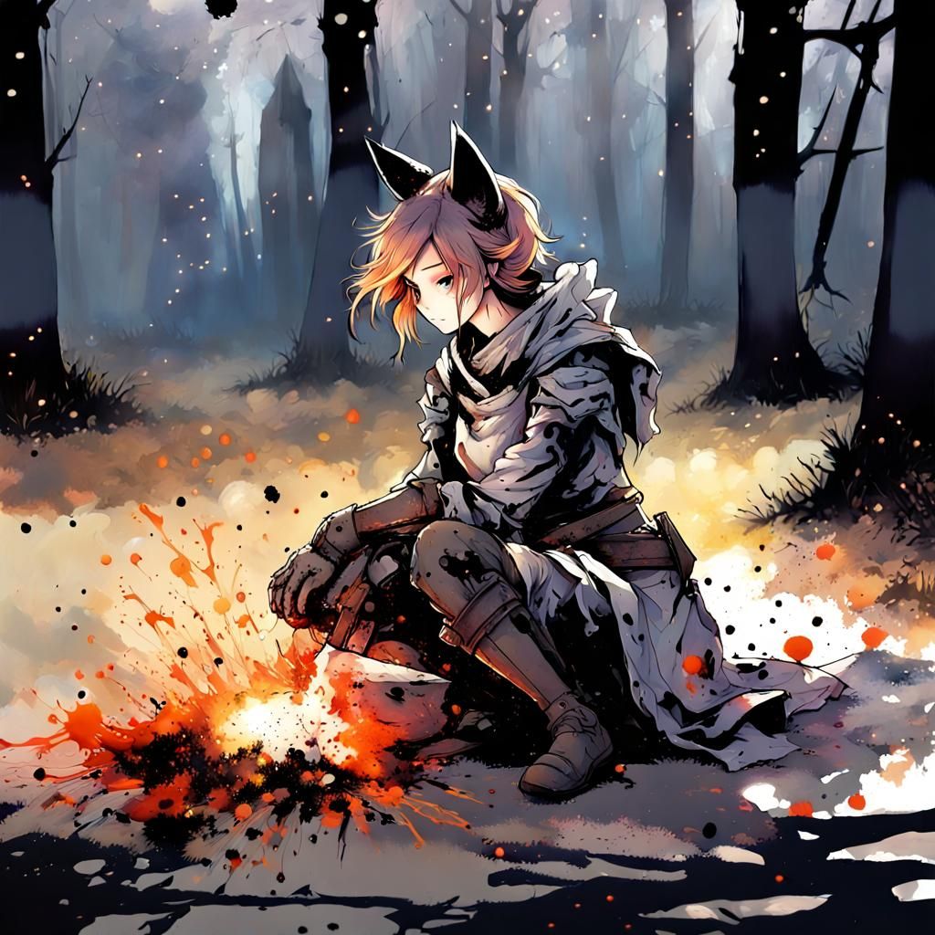 Ink Knight Kneeling on Battlefield in Anime Style