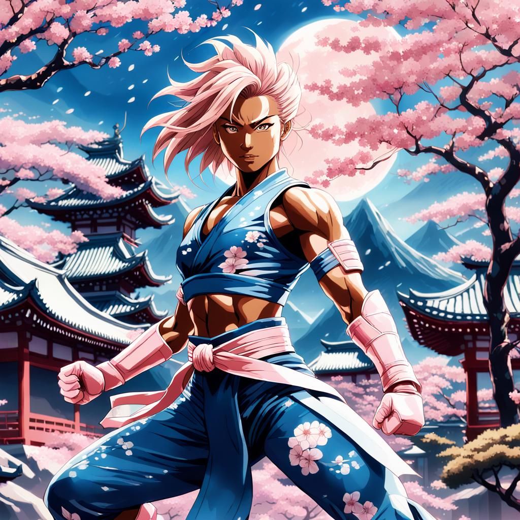 Anime Warrior Woman in Cyanotype Cherry Blossom Scene