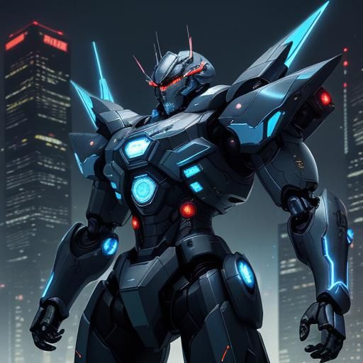 Heavily Armored Robot in Futuristic Cityscape