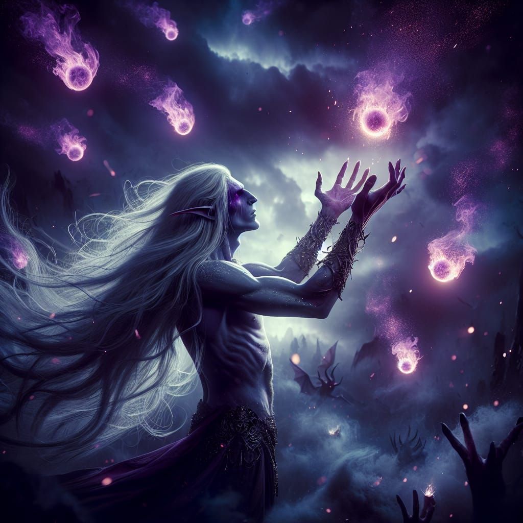 Dark Elf Sorcerer Summons Violet Fireballs