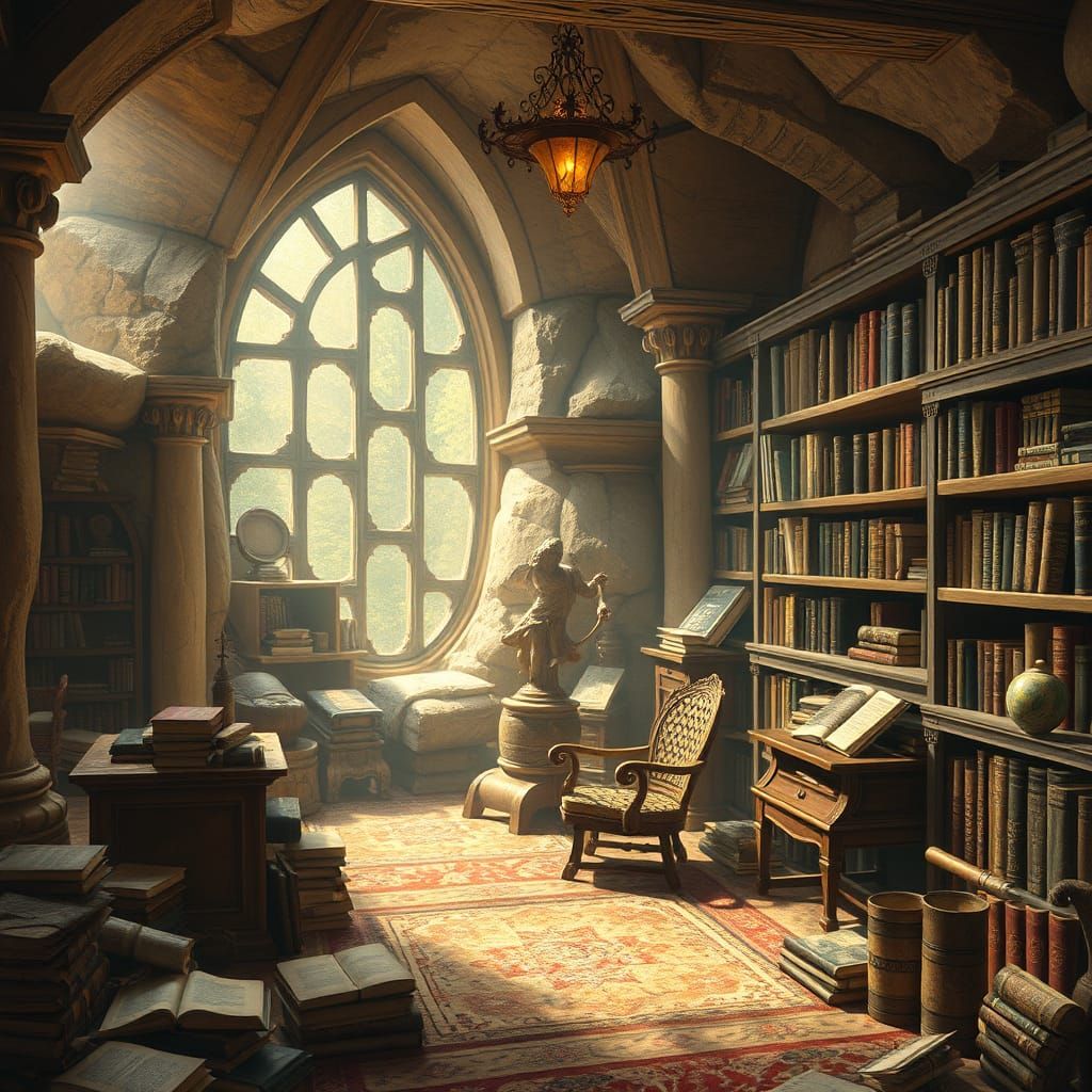 Fantasy Archaeologist's Library with Ancient Tomes