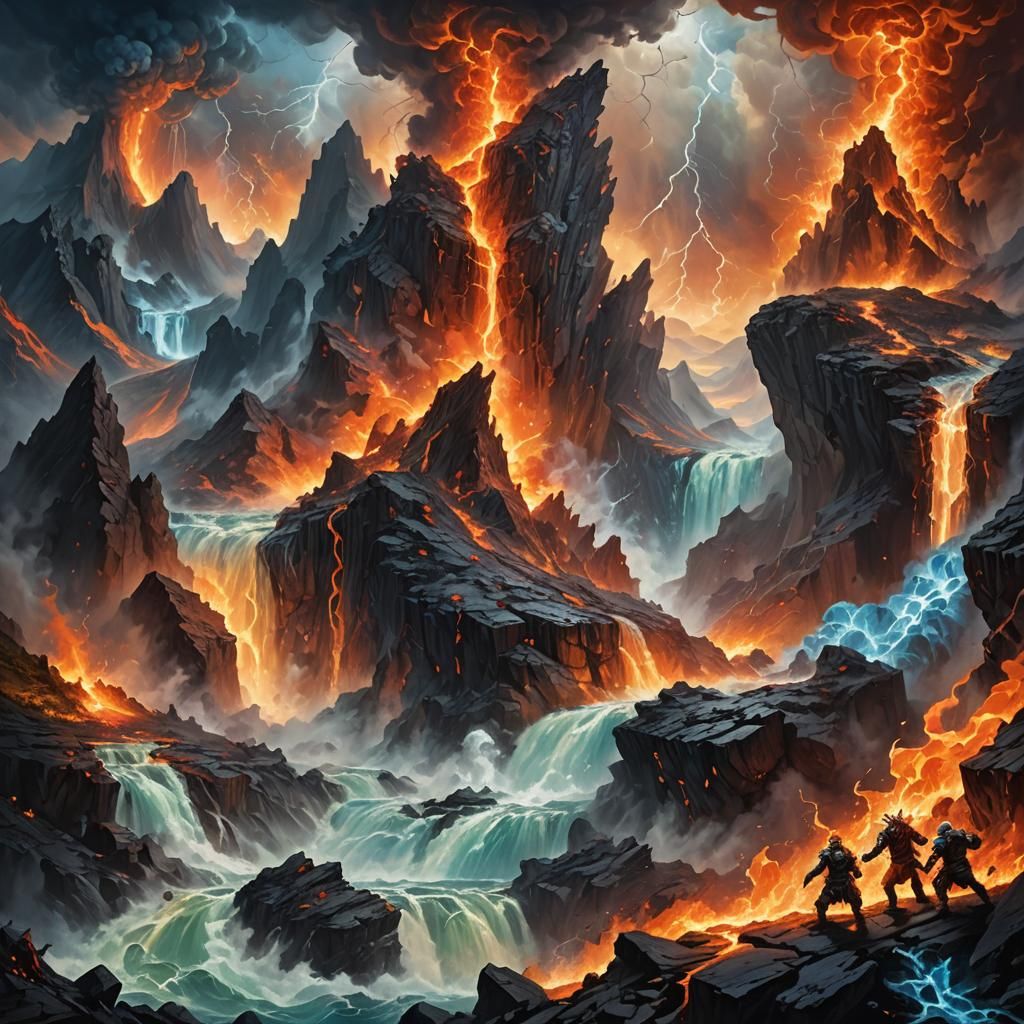 Elemental Titans Clash on Stormy Battlefield in Surreal Styl...