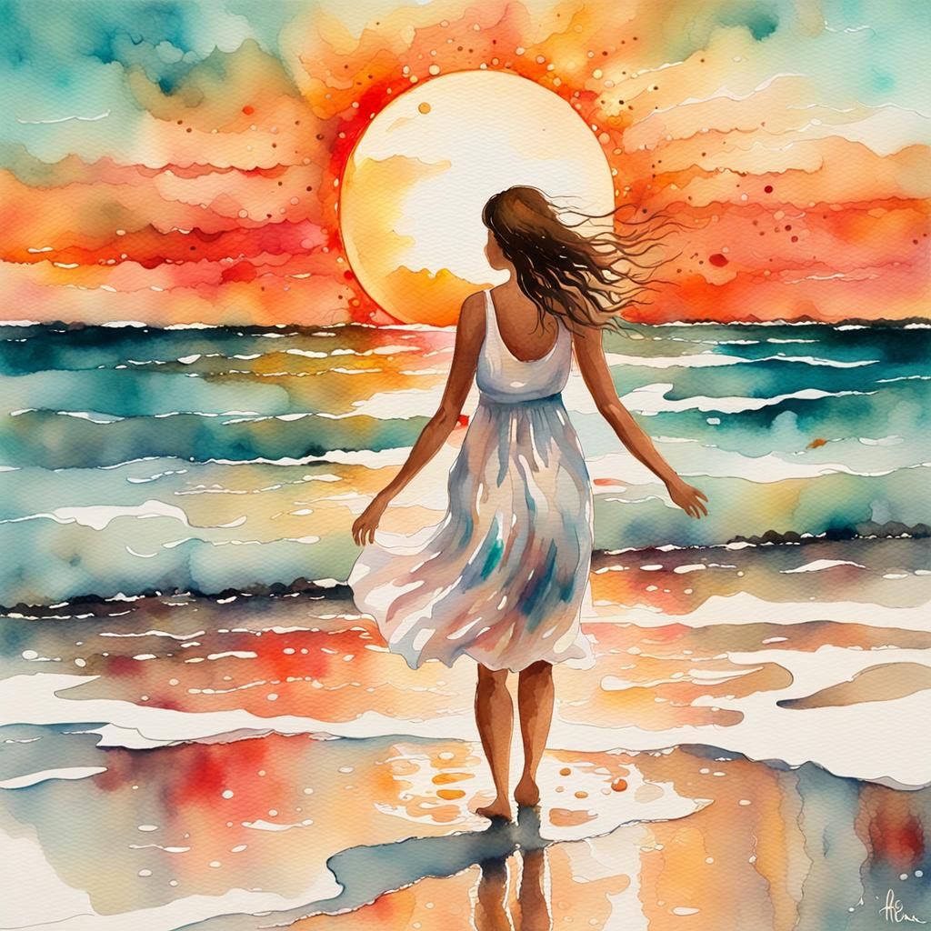 Woman in Sundress at Sunset: Watercolor Painting