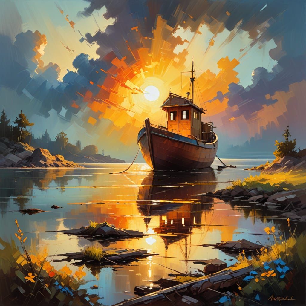 Abstract Artwork of Old Boat at Dock Radiant with Vibrant Li...