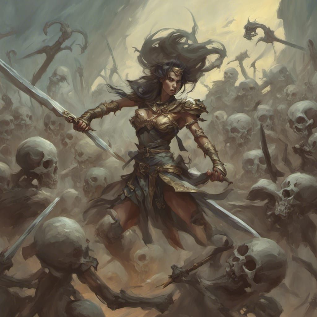 Warrior Battles Skeletons in Dark Fantasy Style