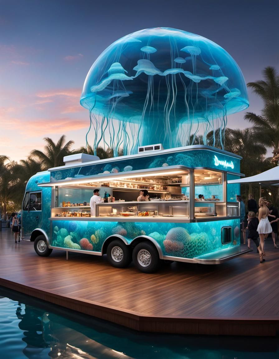 A breathtaking unique fantasy futuristic clear glass Food Truck Integrating underwater jellyfish dreamworld seen through...