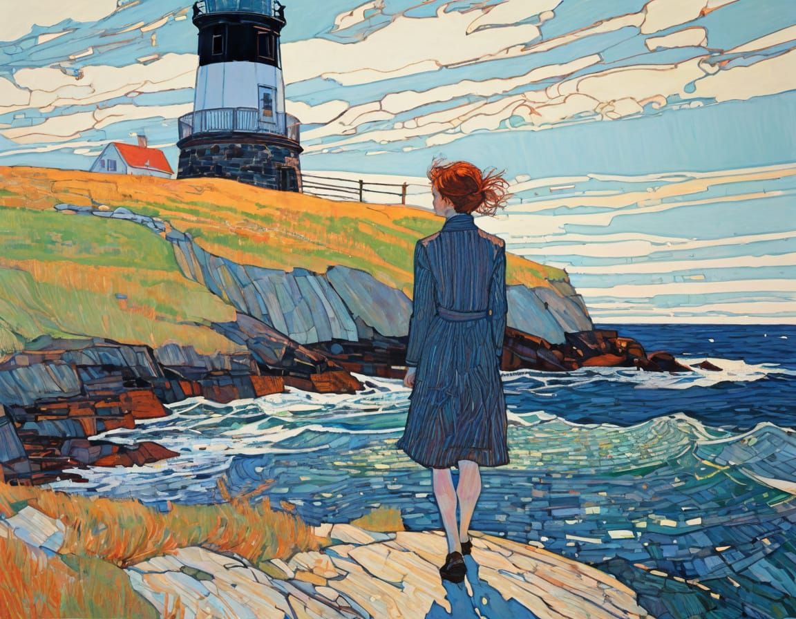Woman and Lighthouse in Expressive Painterly Style