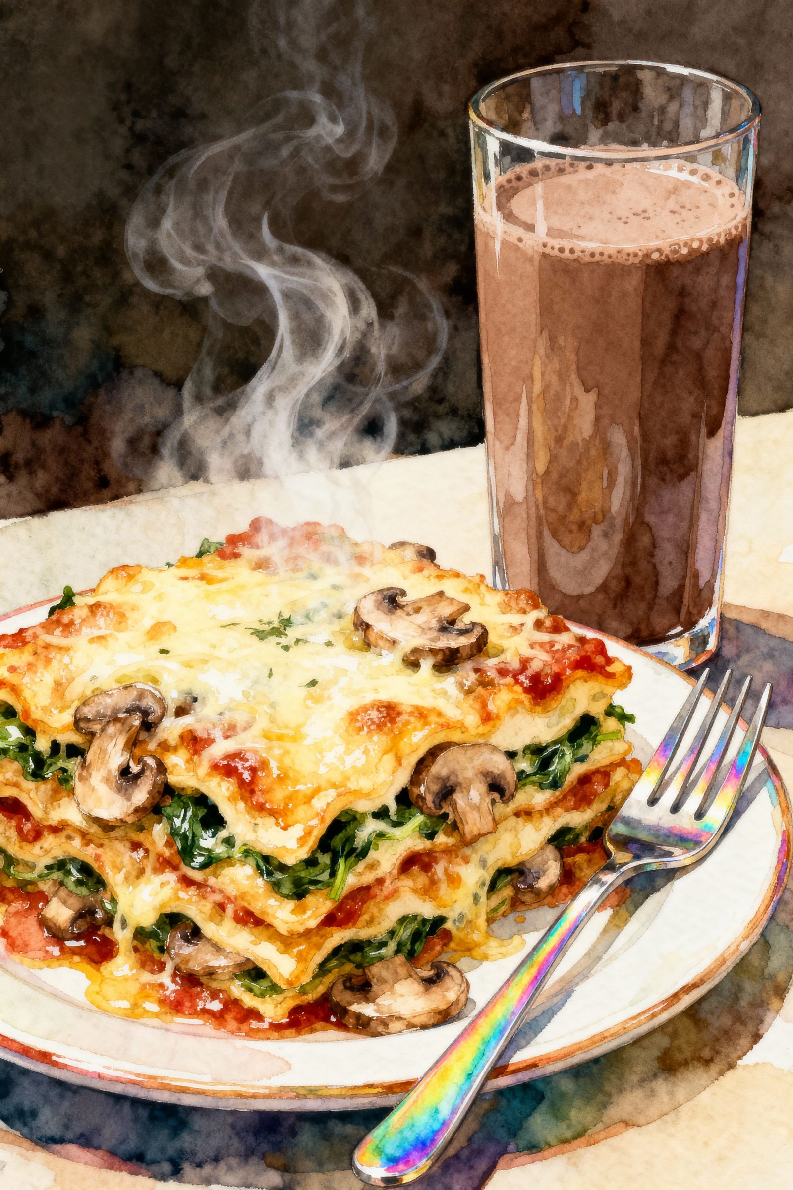 Steaming Lasagna with Chocolate Milk in Watercolor Style