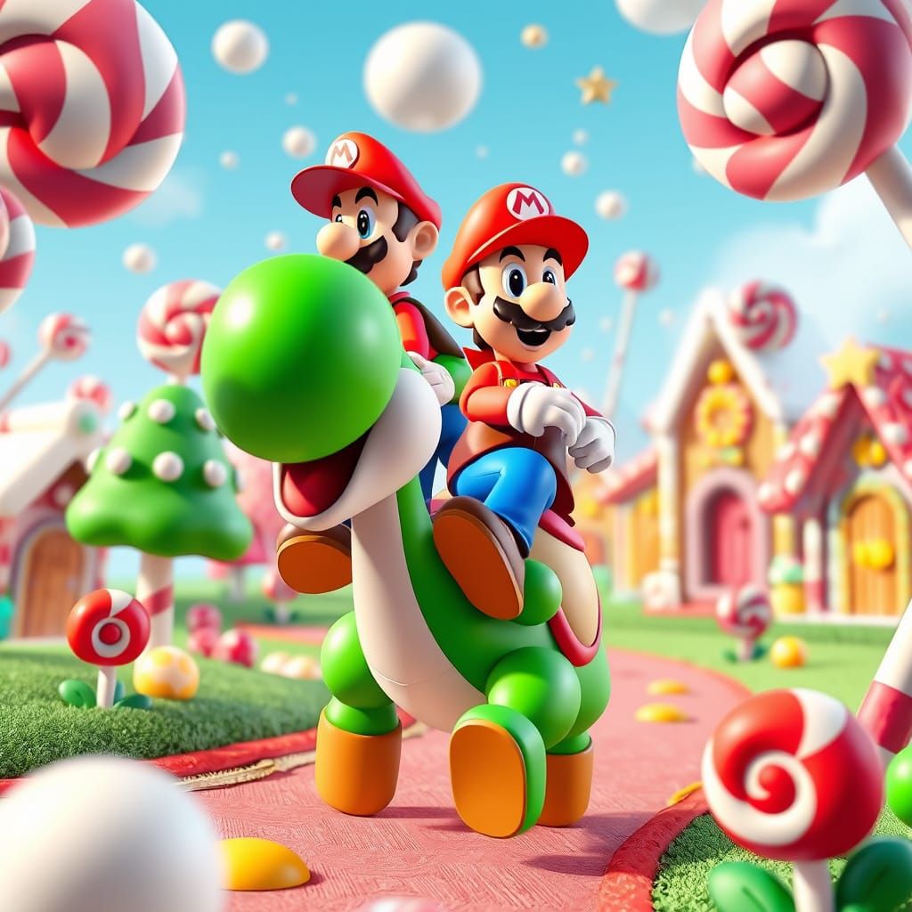 Mario & Luigi Ride Yoshi Through Candy Land