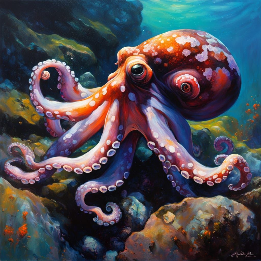 Neon Octopus Portrait in Underwater Setting