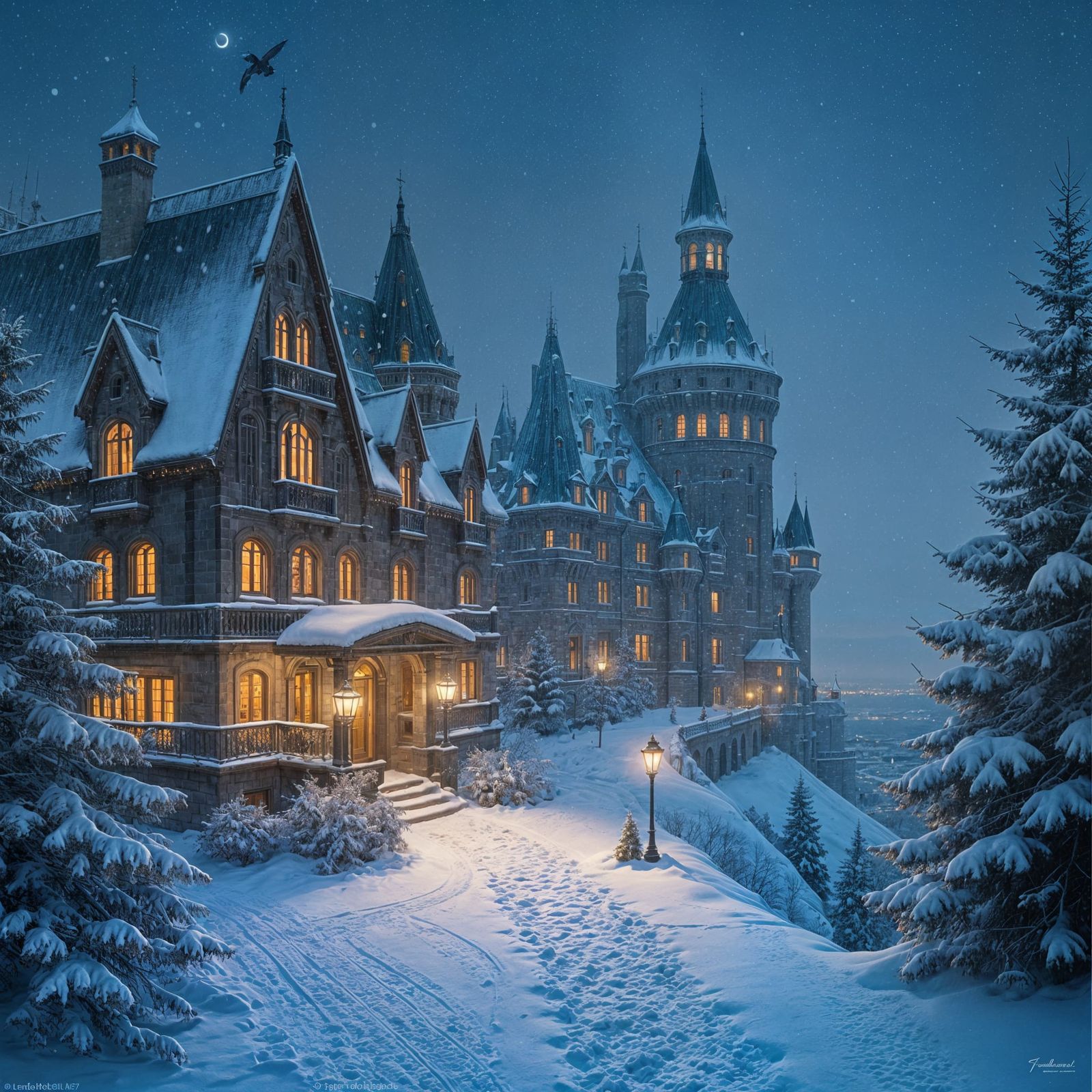 Château Frontenac at Christmas in Thomas Kinkade Style