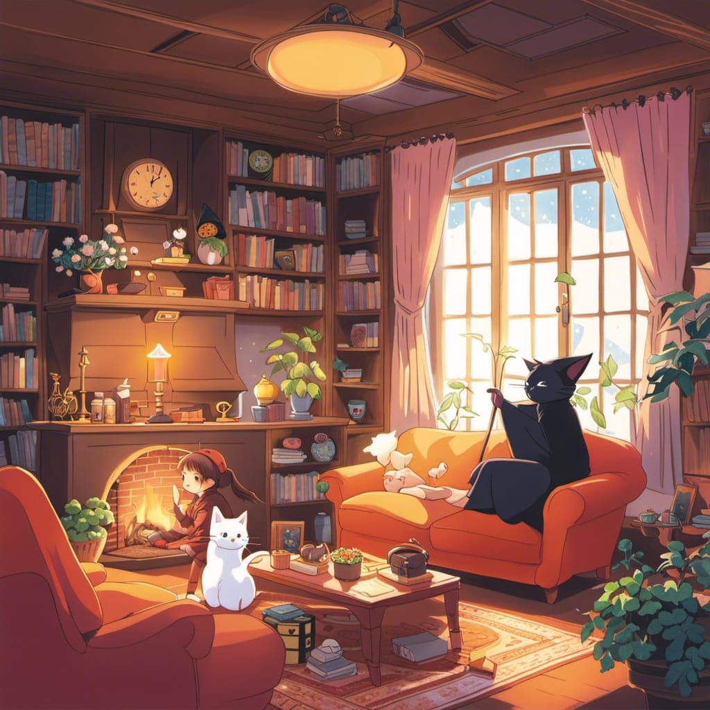 Ghost Cat and Witch in Anime Style