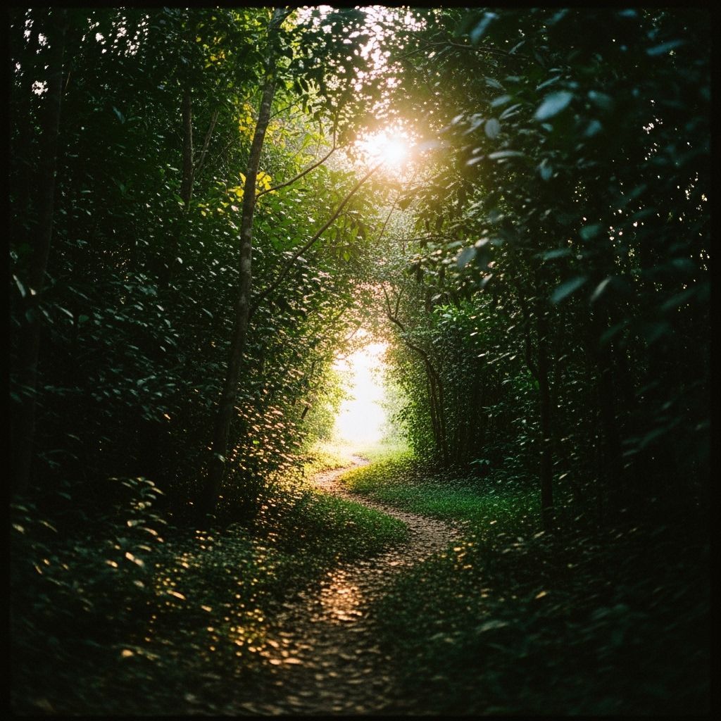Lush Southeast Asian Forest Path Towards Sunlight
