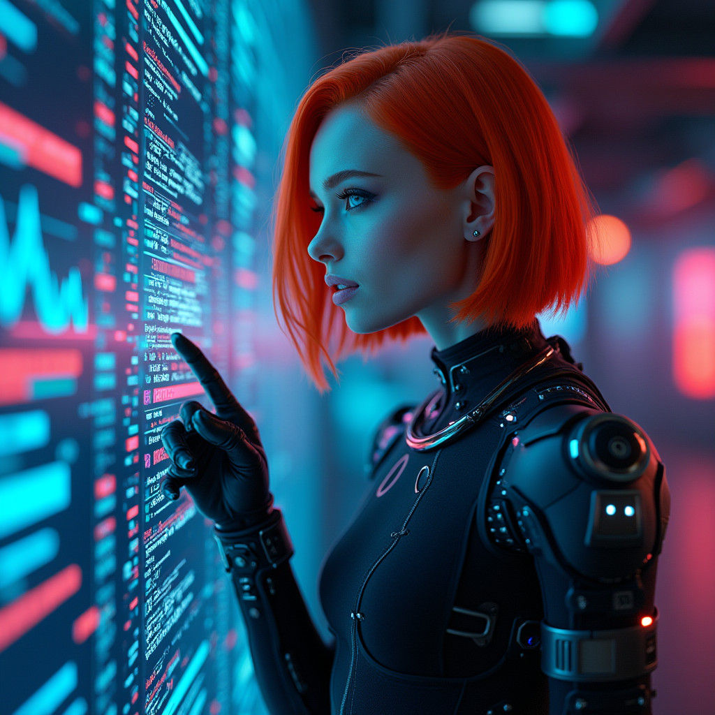 Red-Haired Cyborg Woman in Cyberpunk Style