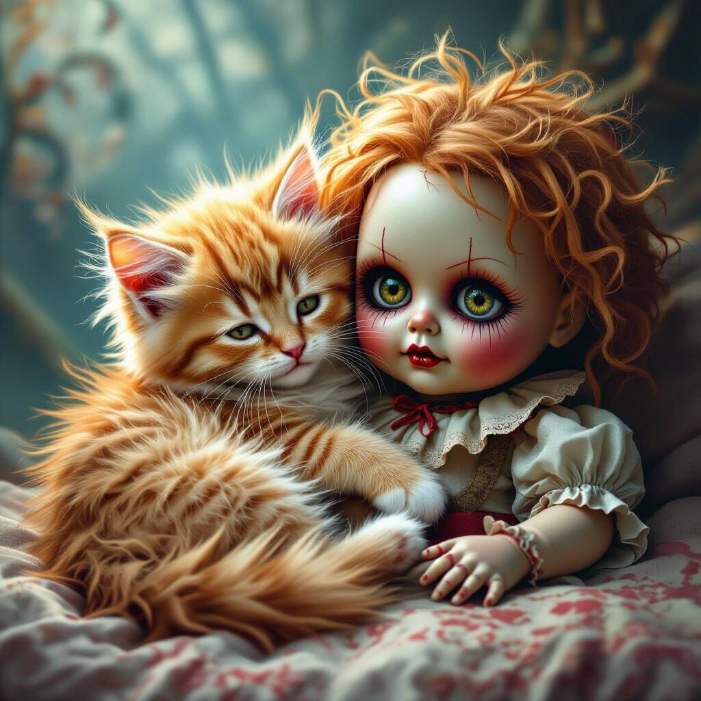 Ginger Kitten Beside Creepy Doll in Dramatic Lighting