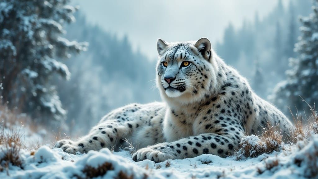 Snowleopard in the Mountains as Cinematic HDR Photography