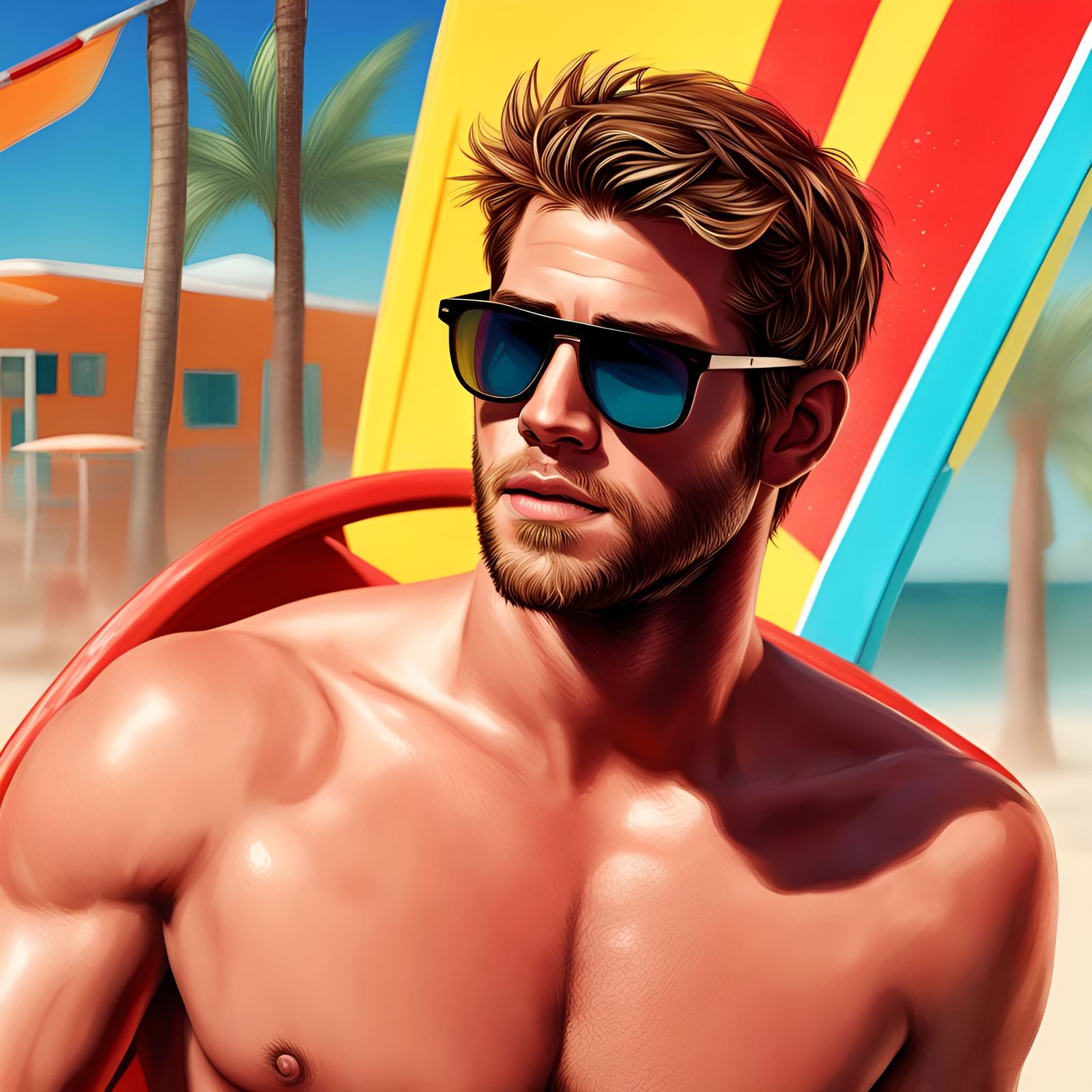 Hyperrealistic Lifeguard with Sunglasses in Splash Art Style
