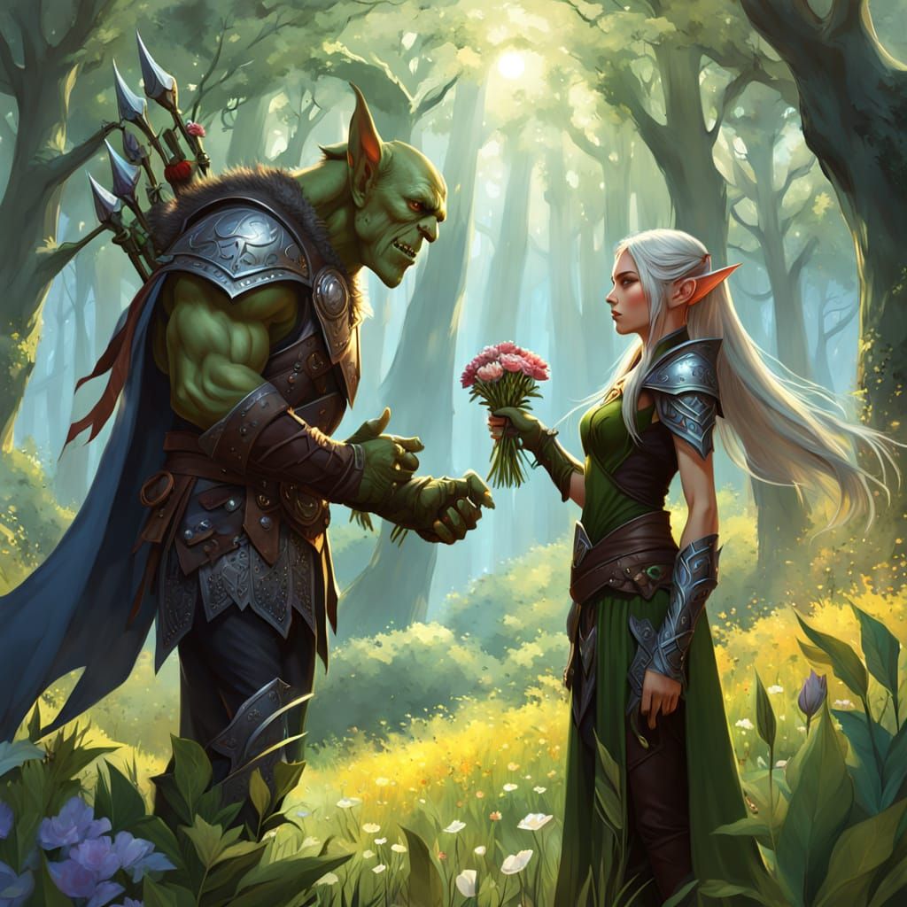 Orc Offers Flowers to Elf in Fantasy Art
