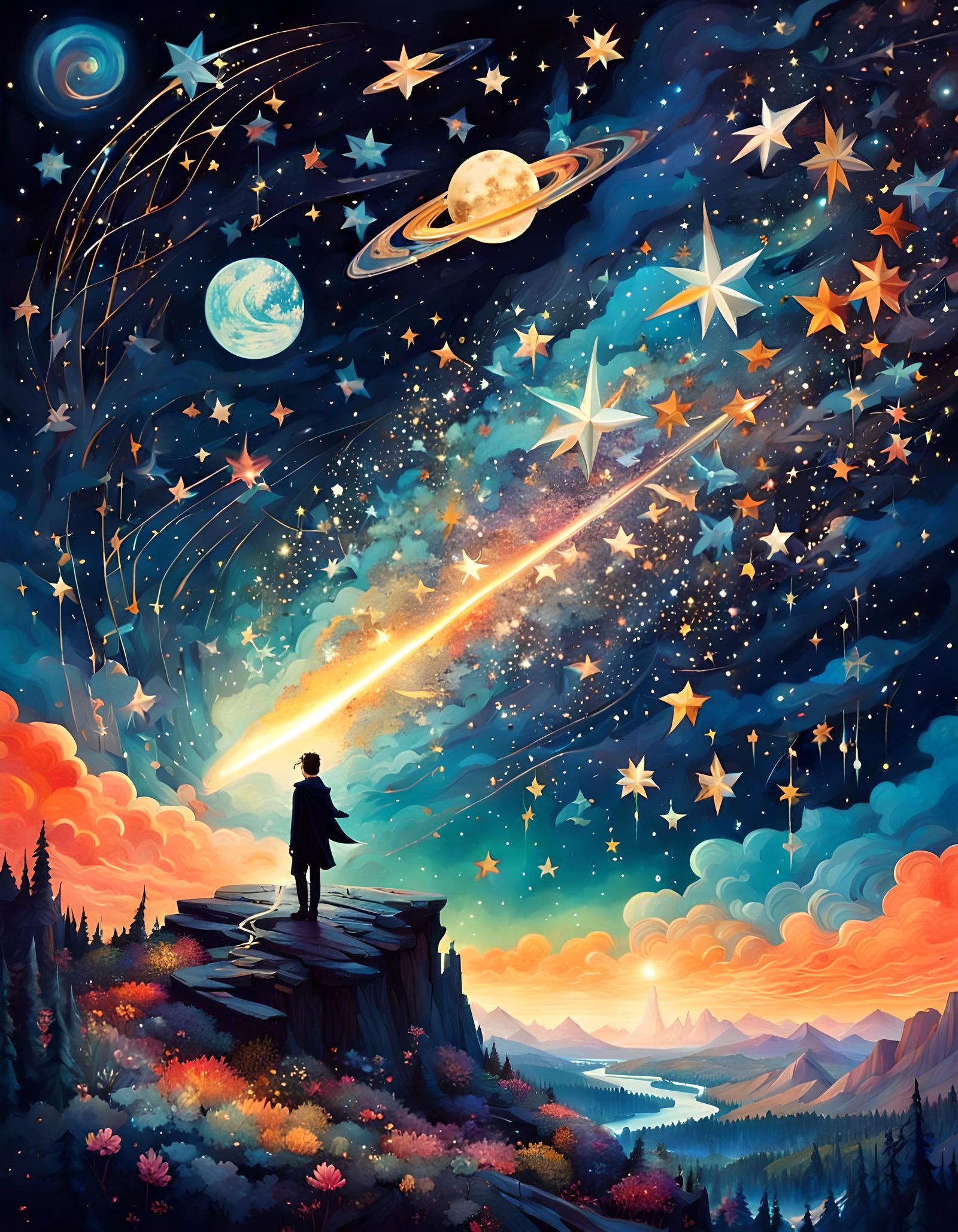 Shooting Star's Whimsical Galaxy Adventure in Anime Style