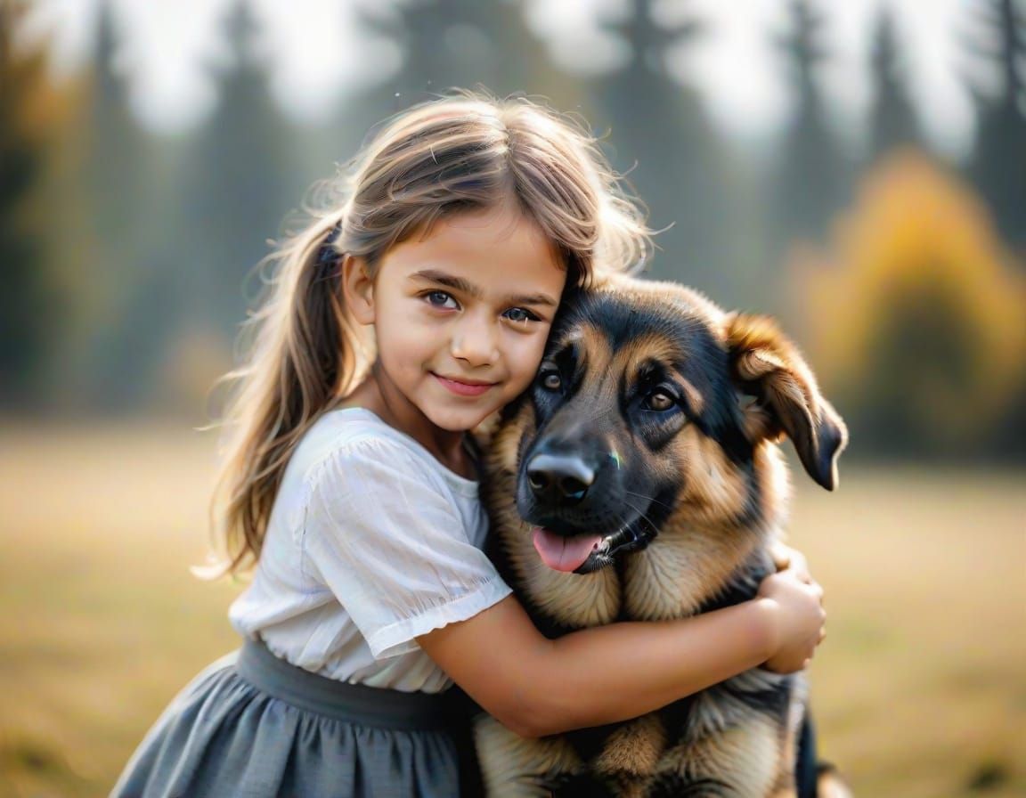 Girl Hugs German Shepherd Dog