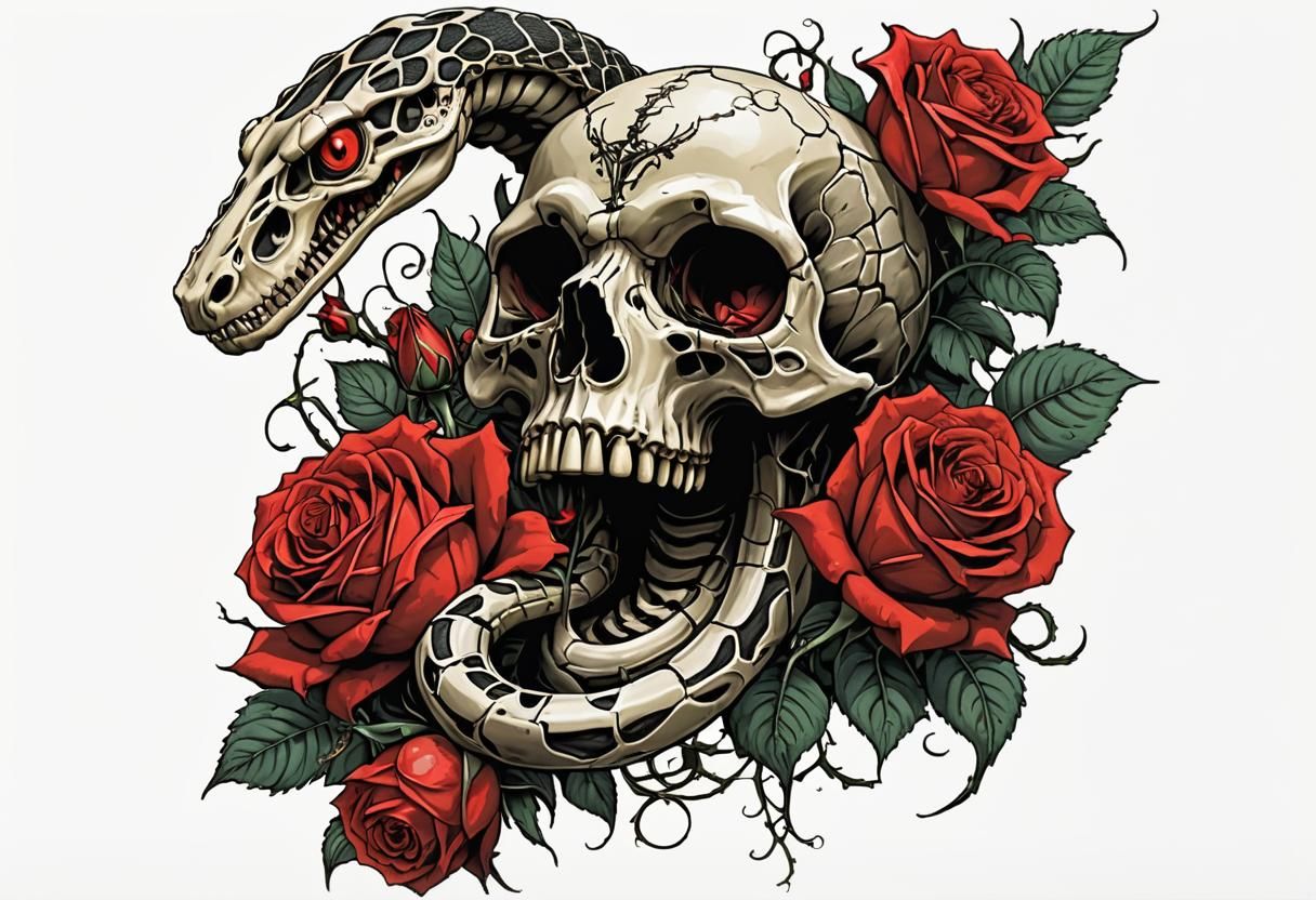 Snake Skeleton and Red Roses Still Life