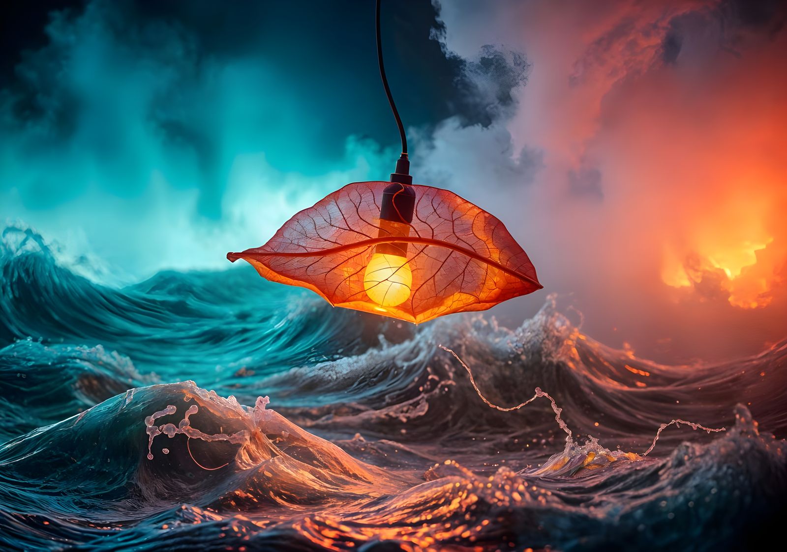 Neon Ammolite Leaf Lamp Amidst Stormy Ocean