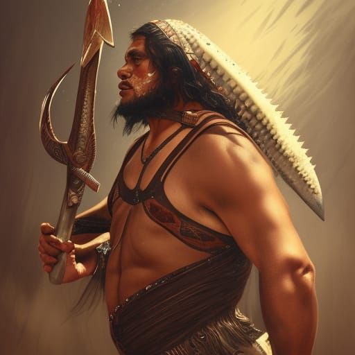 Maori Warrior Portrait with Shark-Tooth Axe