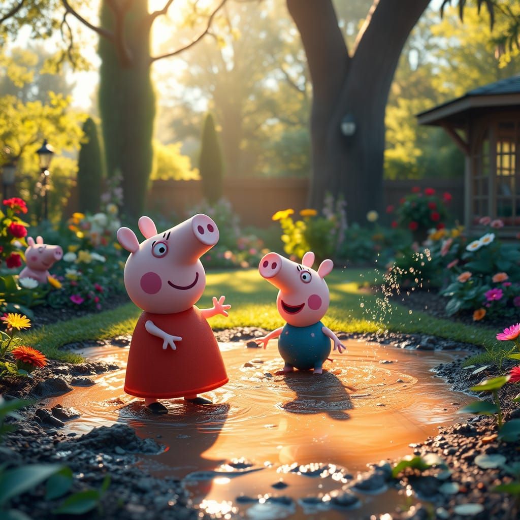 Whimsical Garden Scene with Peppa and George Playing in Mudd...