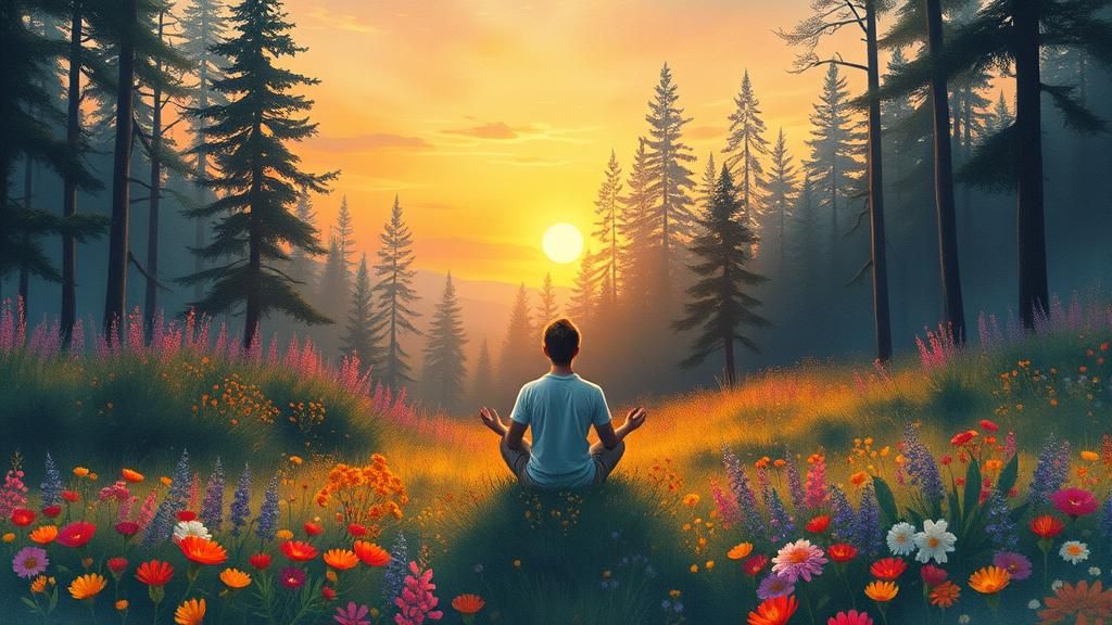 Sunset Forest Scene with Meditating Figure in Watercolour St...