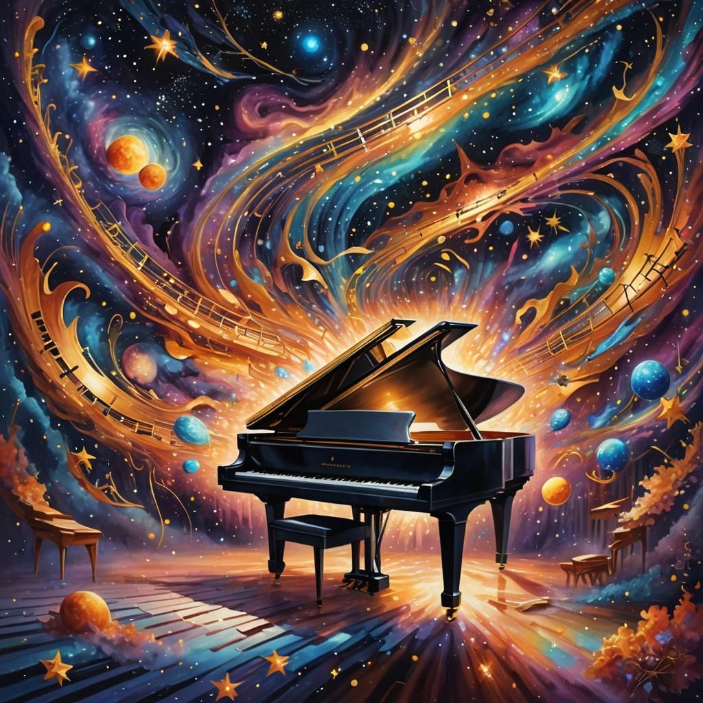 Cosmic Piano Concert in Vibrant Astral Painting