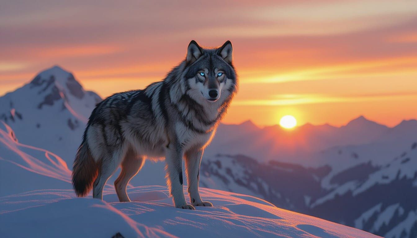 Alpha Wolf on Snowy Mountain Ridge at Dawn