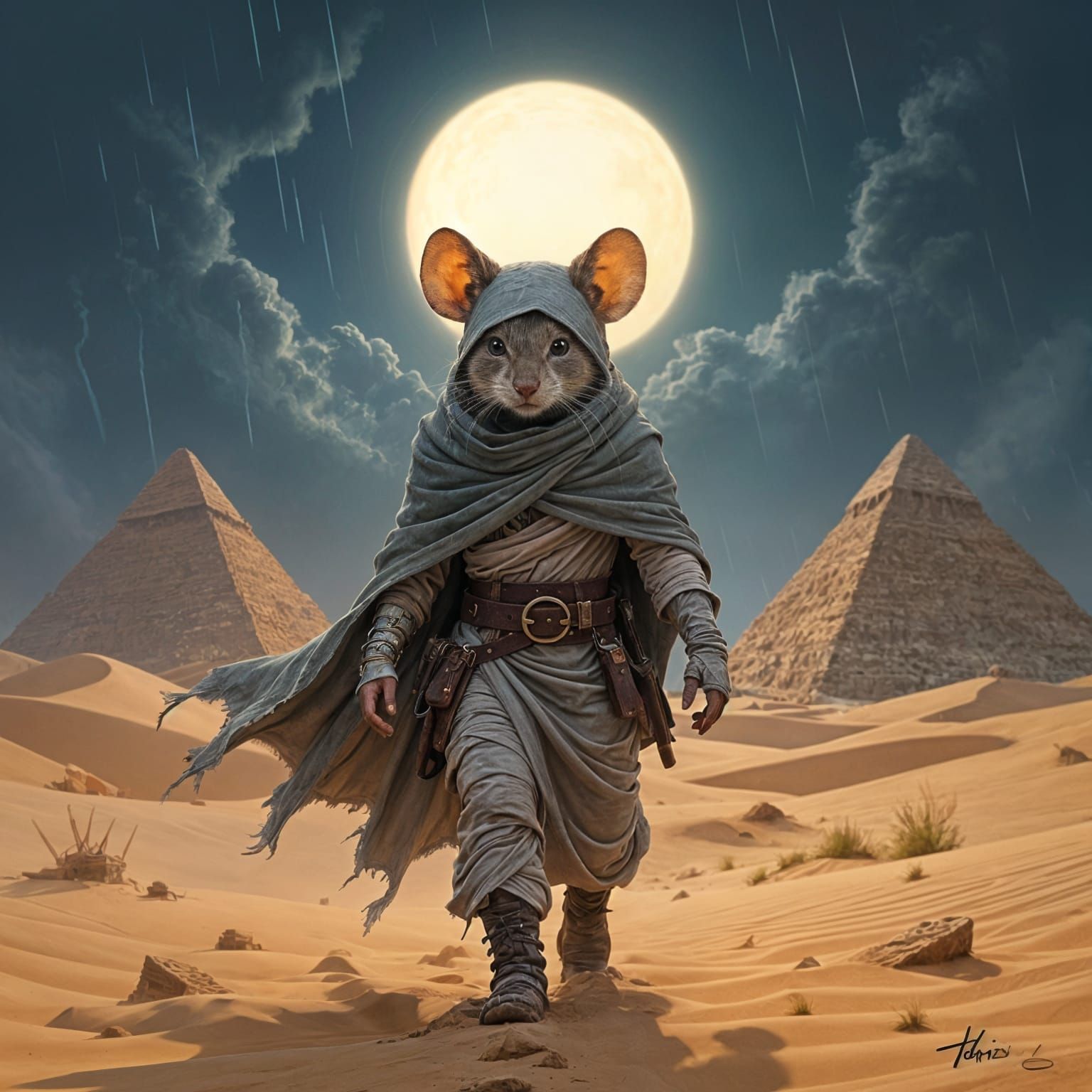 Mummy Mouse Finn in Desert Storm with Black Sun
