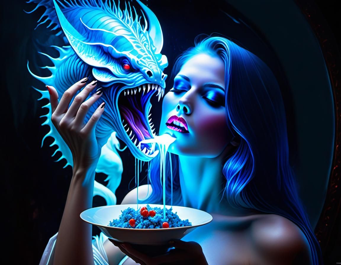 Glowing Monster Feeding: A Watercolor Art Fantasy