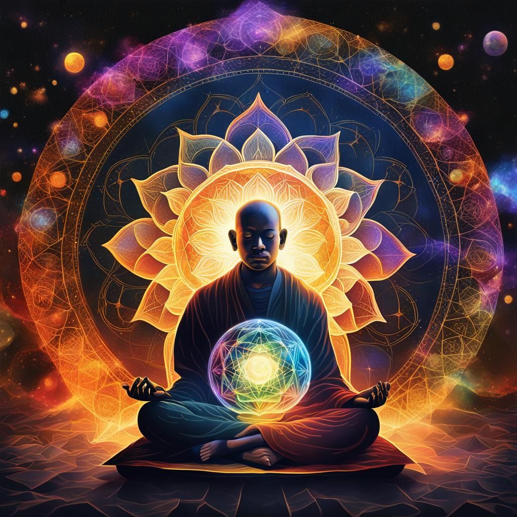 Meditating Monk Illuminated by Golden Light in Digital Art