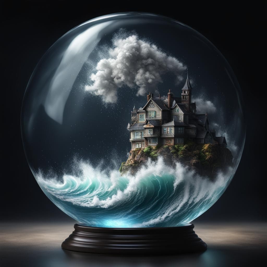 Sea Storm Inside Glass Globe, Hyperrealistic 3D Art