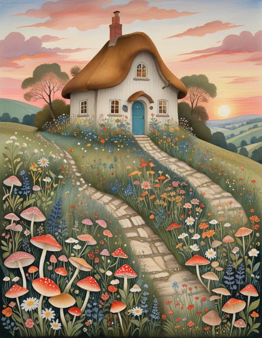 Painterly Watercolour Mushroomhouse with Wildflowers at Suns...