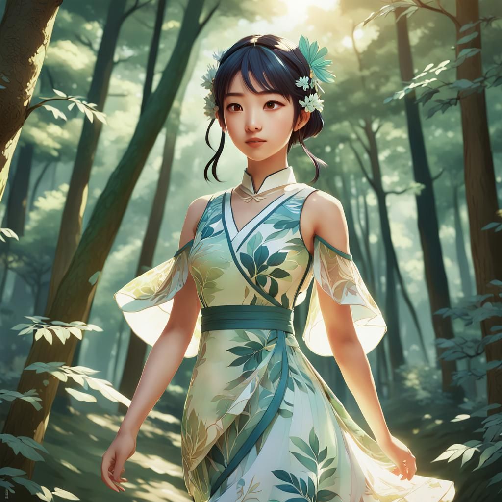 Anime-Inspired Asian Woman in Summer Forest