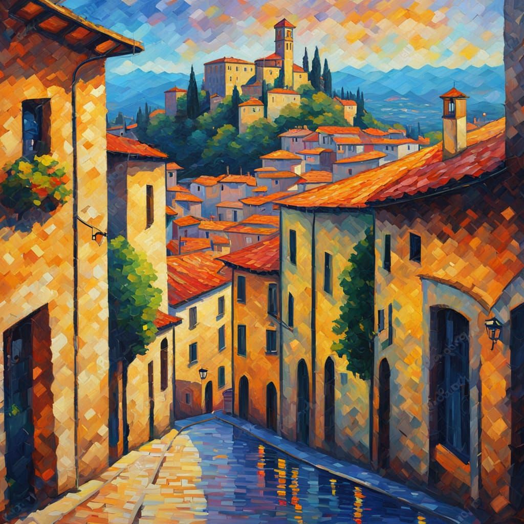 San Marino Cityscape in Neo-Impressionist Oil Painting