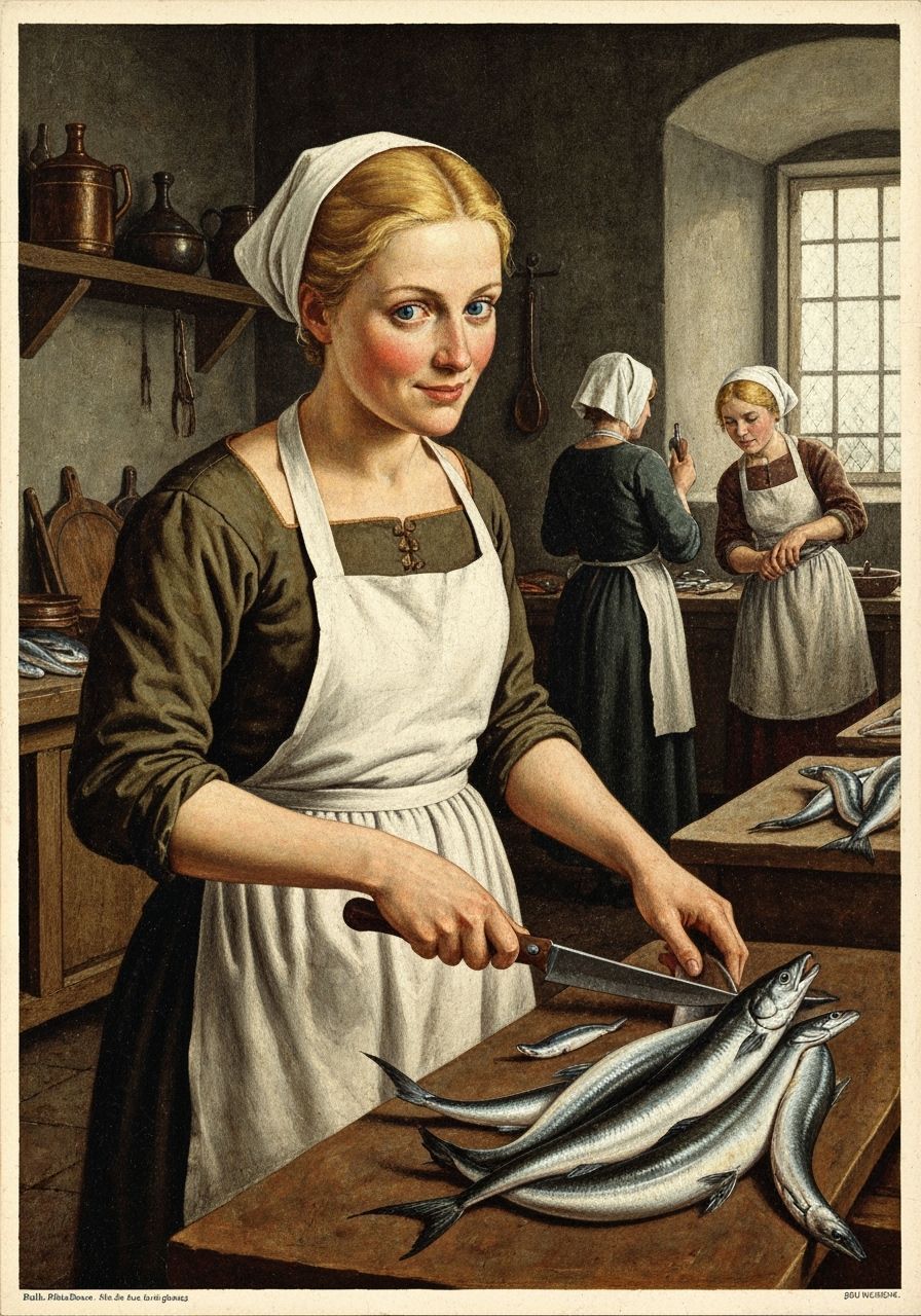Fish Cleaner in 1500s Kitchen, Ralph Steadman Inspired
