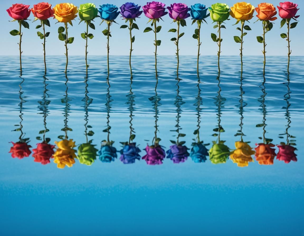 Fuzzy Rainbow Roses Reflecting in Water