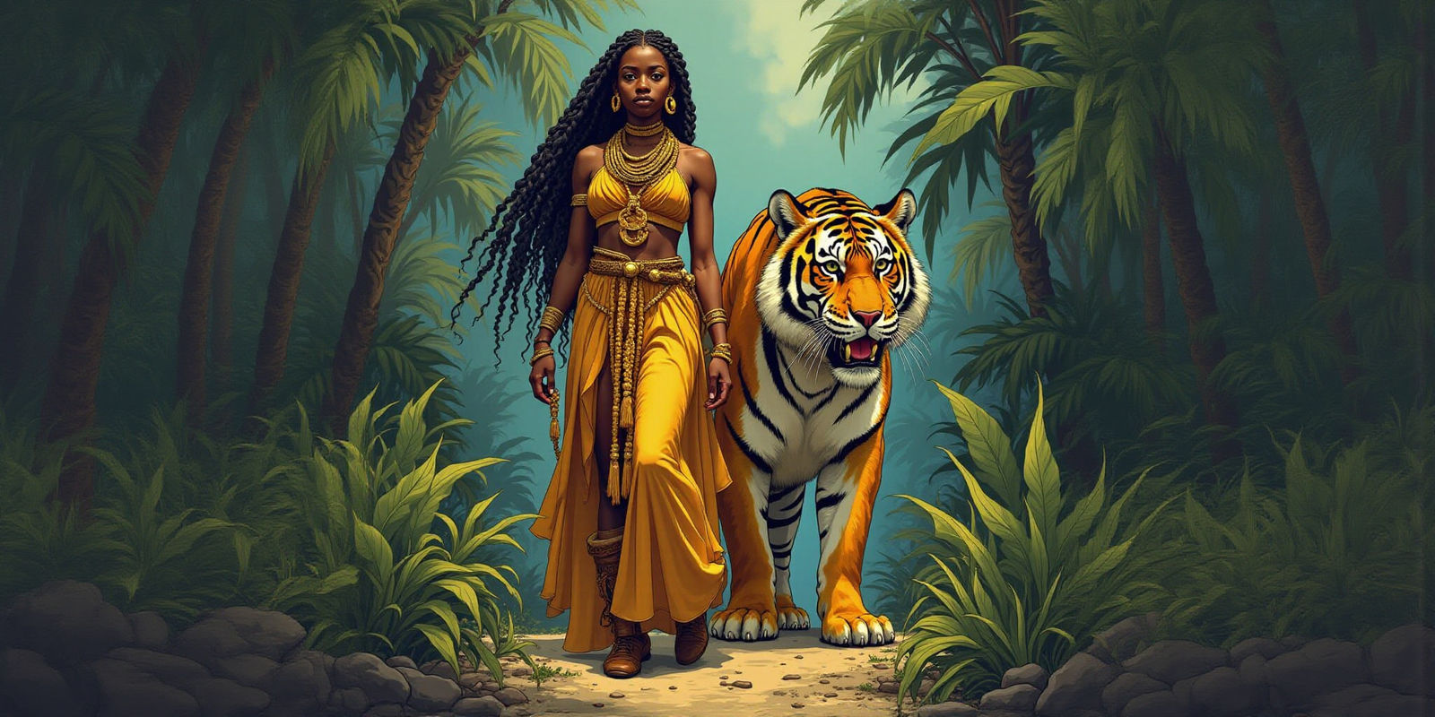 African Queen in Prehistoric Jungle, Comic Book Style